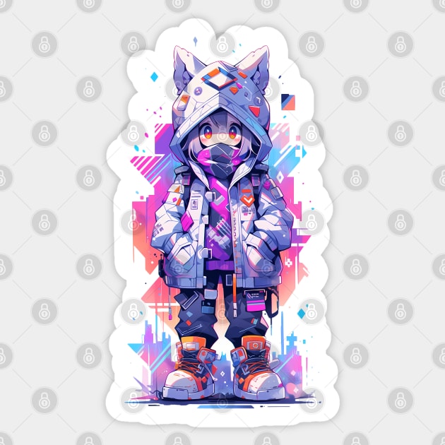 A anime girl wearing a white cat ears hooded Sticker by Fyllewy